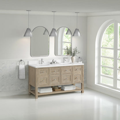 James Martin - Breckenridge 60" Double Vanity, Whitewashed Oak, w/ Single Hole 3 CM White Zeus Quartz Top & Backsplash - 330-V60D-WWO-1WZ view 4
