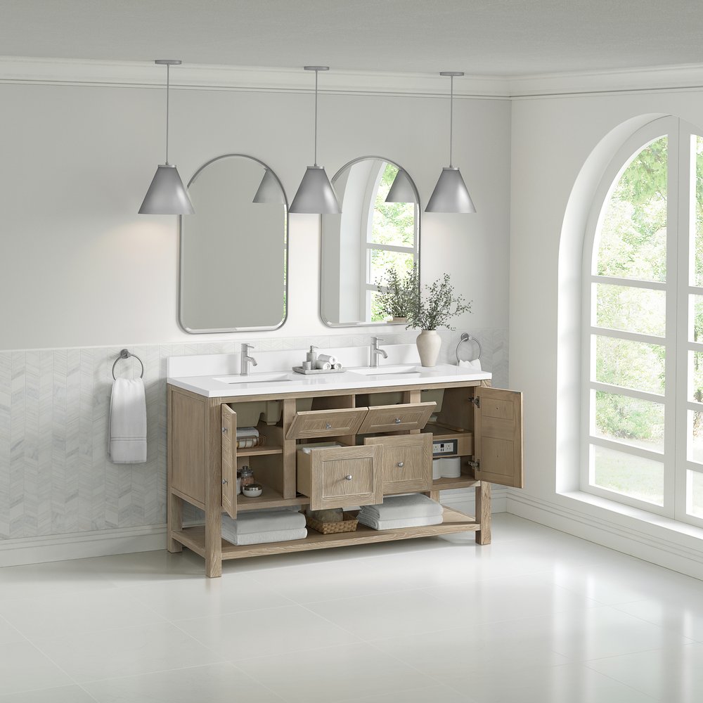 James Martin - Breckenridge 60" Double Vanity, Whitewashed Oak, w/ Single Hole 3 CM White Zeus Quartz Top & Backsplash - 330-V60D-WWO-1WZ view 5