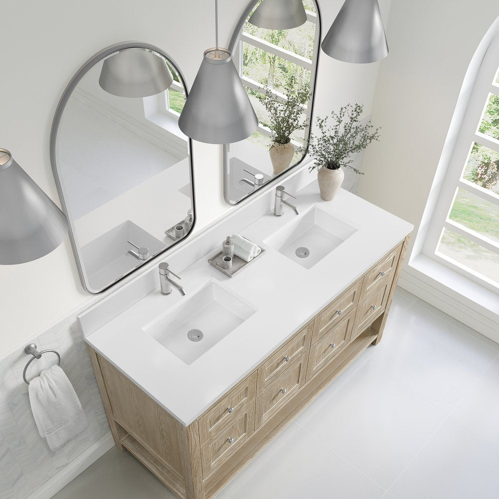 James Martin - Breckenridge 60" Double Vanity, Whitewashed Oak, w/ Single Hole 3 CM White Zeus Quartz Top & Backsplash - 330-V60D-WWO-1WZ view 7