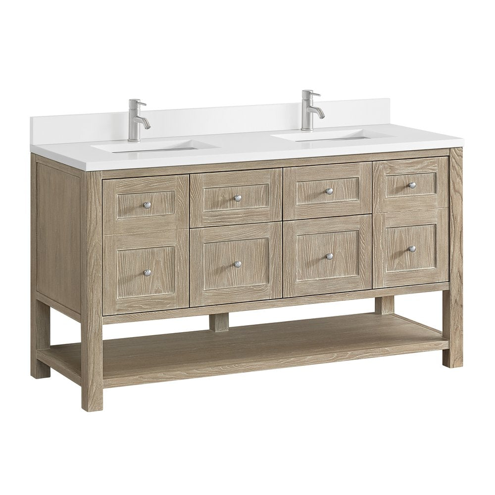 James Martin - Breckenridge 60" Double Vanity, Whitewashed Oak, w/ Single Hole 3 CM White Zeus Quartz Top & Backsplash - 330-V60D-WWO-1WZ view 10