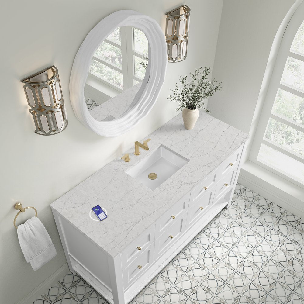 James Martin - Breckenridge 60" Single Vanity, Bright White, w/ 3 CM Eternal Jasmine Pearl Silestone Top w/ FreePower Wireless Charger - 330-V60S-BW-FEJP view 8