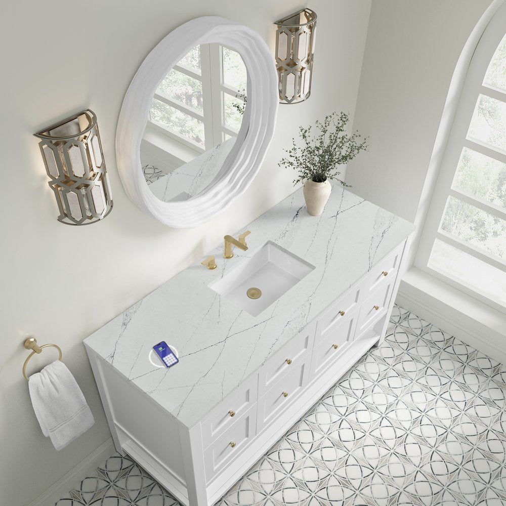 James Martin - Breckenridge 60" Single Vanity, Bright White, w/ 3 CM Ethereal Noctis Silestone Top w/ FreePower Wireless Charger - 330-V60S-BW-FENC view 8