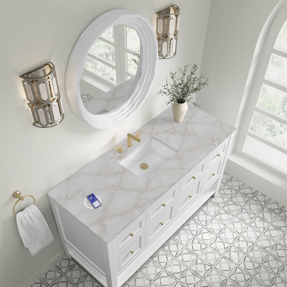 James Martin - Breckenridge 60" Single Vanity, Bright White, w/ 3 CM Victorian Silver Silestone Top w/ FreePower Wireless Charger - 330-V60S-BW-FVSL view 8