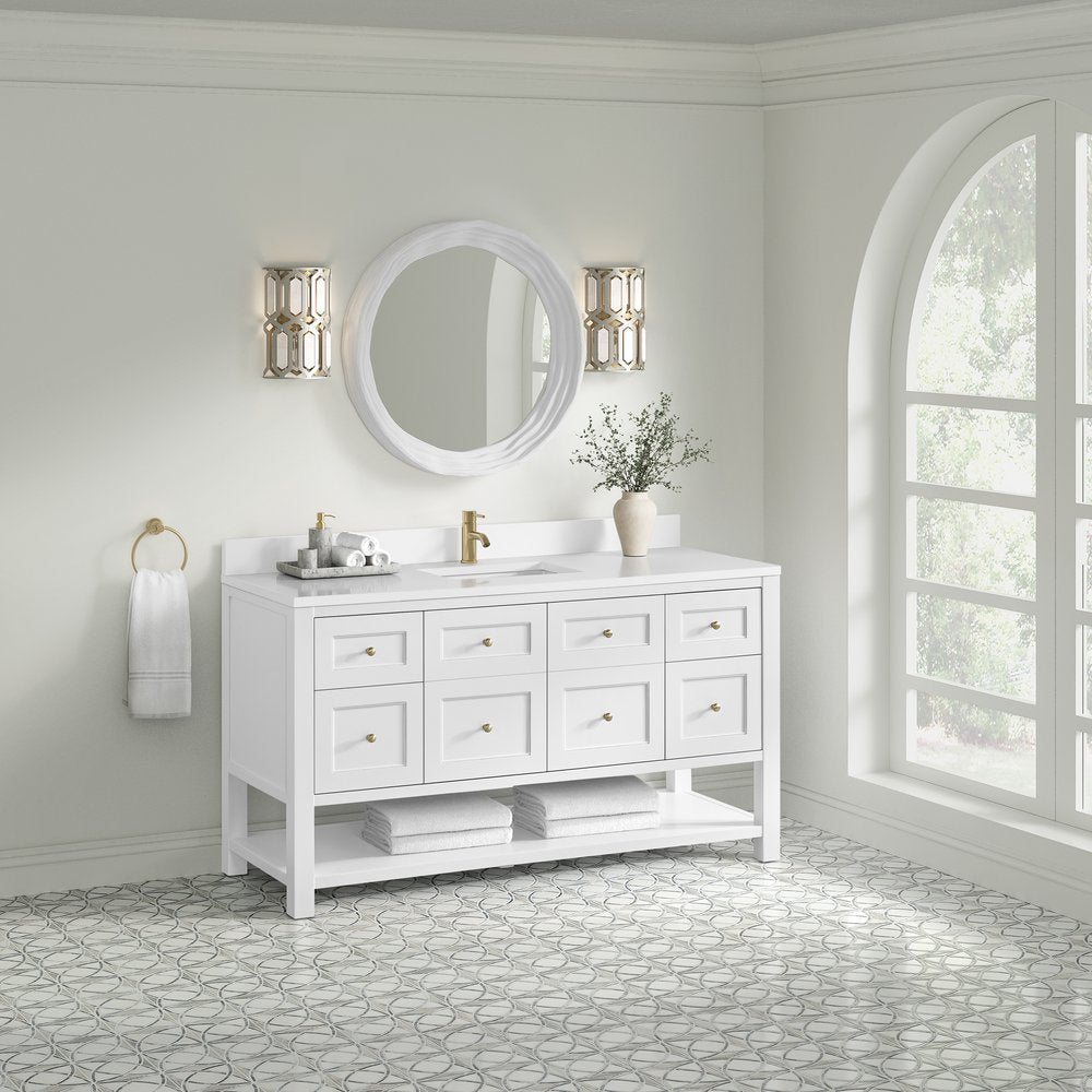 James Martin - Breckenridge 60" Single Vanity, Bright White, w/ Single Hole 3 CM White Zeus Quartz Top & Backsplash - 330-V60S-BW-1WZ view 4