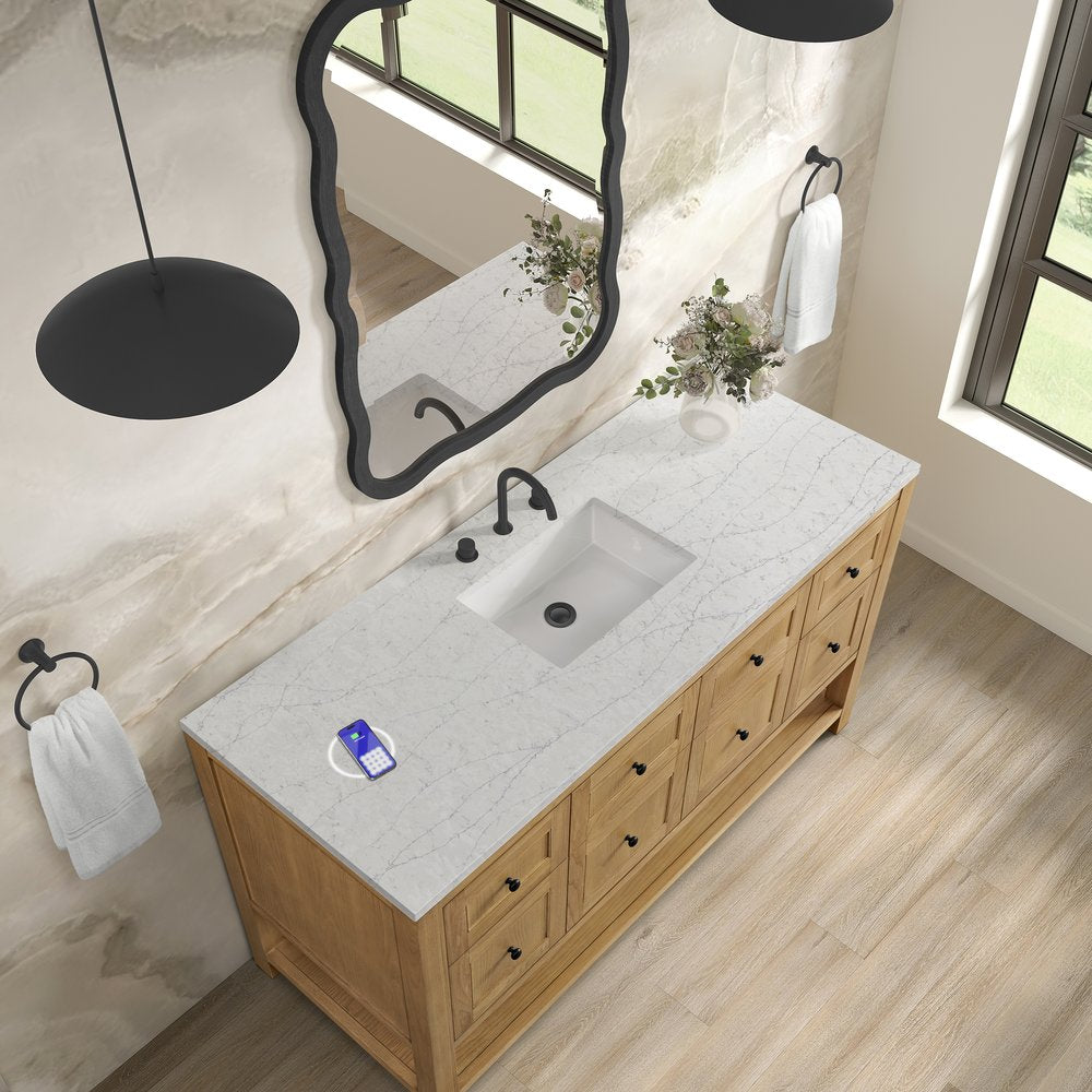 James Martin - Breckenridge 60" Single Vanity, Light Natural Oak, w/ 3 CM Eternal Jasmine Pearl Silestone Top w/ FreePower Wireless Charger - 330-V60S-LNO-FEJP view 8