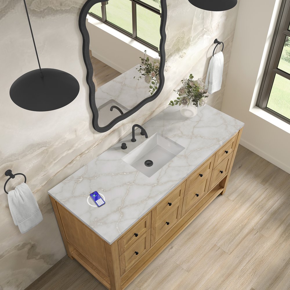 James Martin - Breckenridge 60" Single Vanity, Light Natural Oak, w/ 3 CM Victorian Silver Silestone Top w/ FreePower Wireless Charger - 330-V60S-LNO-FVSL view 8