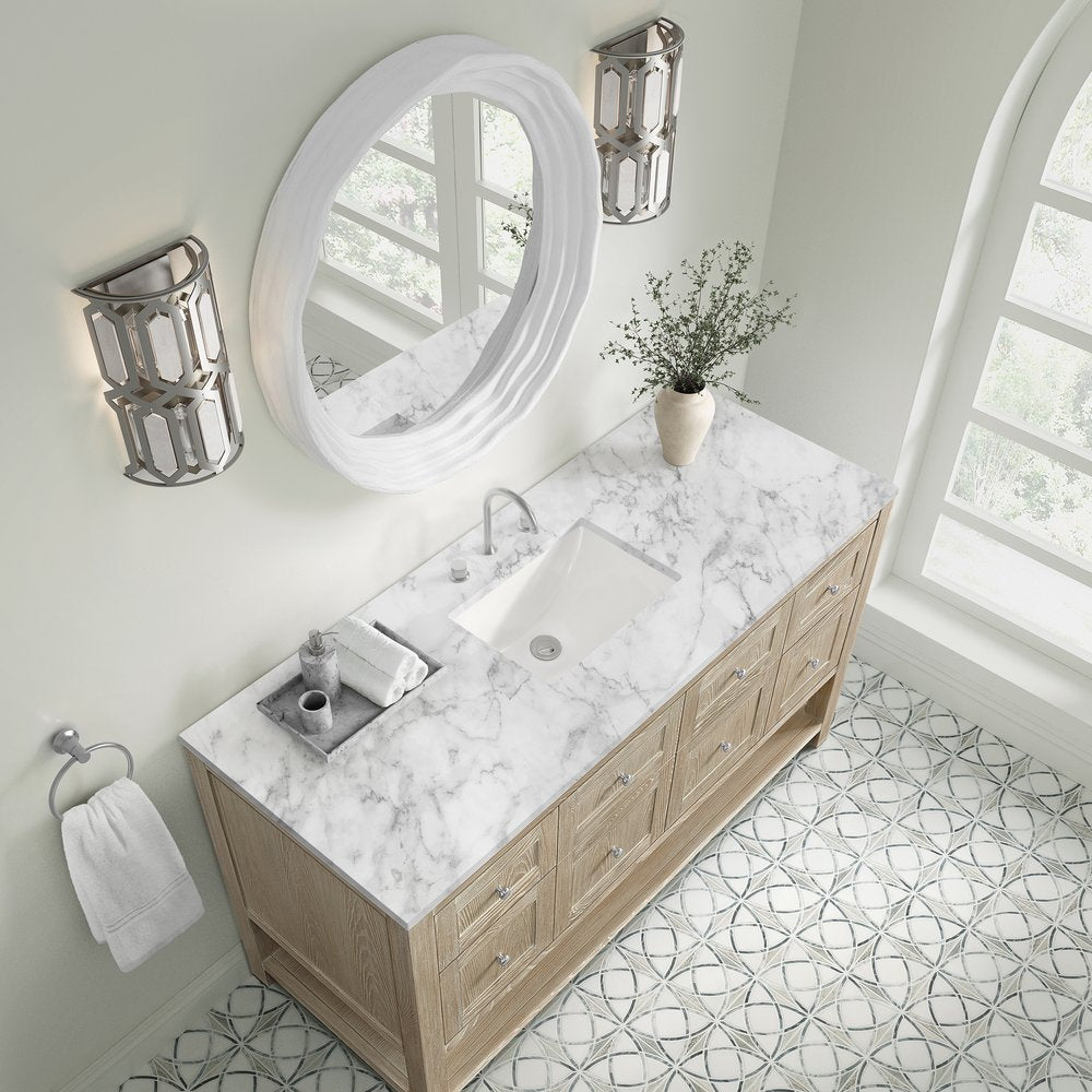 James Martin - Breckenridge 60" Single Vanity, Whitewashed Oak, w/ 3 CM Carrara Marble Top - 330-V60S-WWO-3CAR view 7
