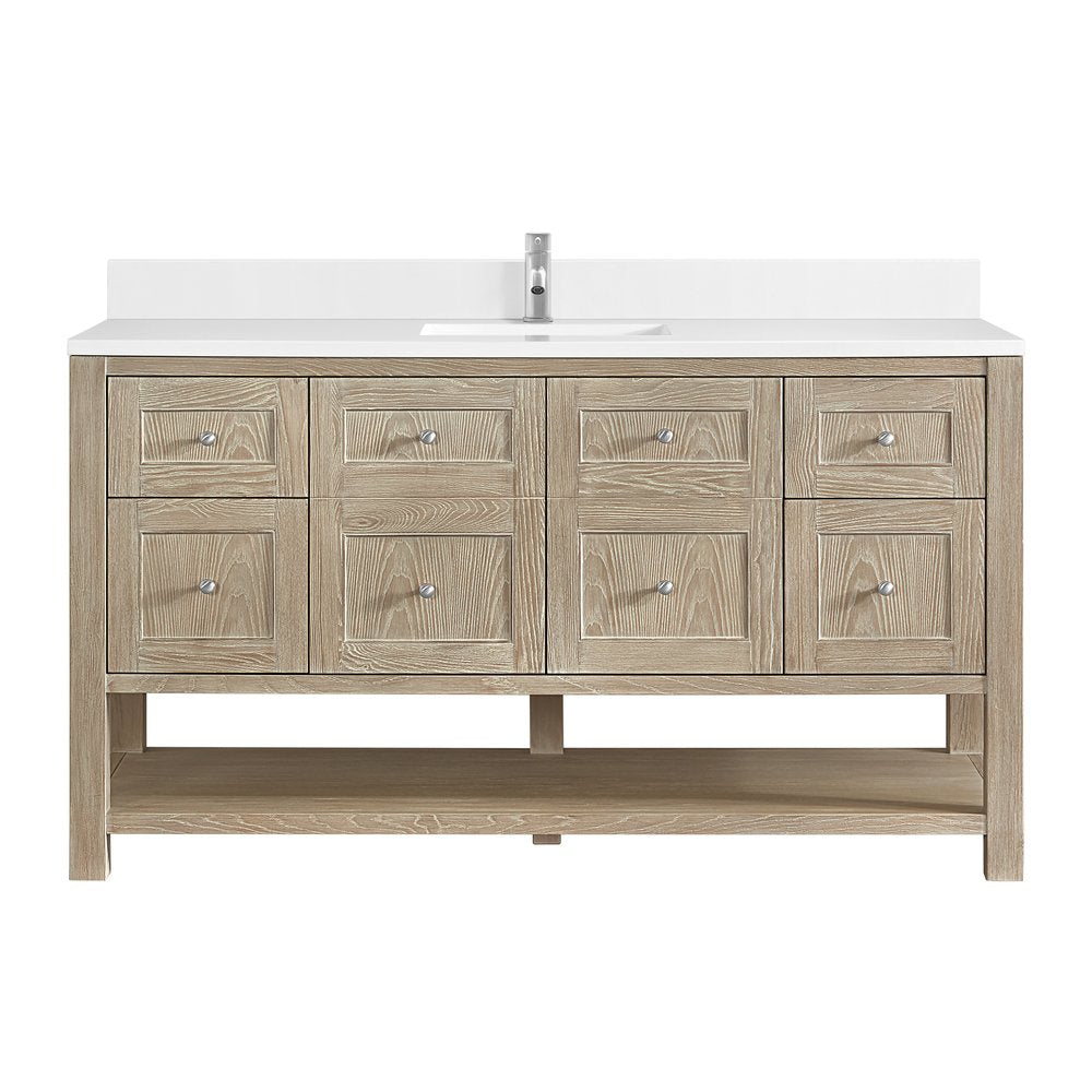 James Martin - Breckenridge 60" Single Vanity, Whitewashed Oak, w/ Single Hole 3 CM White Zeus Quartz Top & Backsplash - 330-V60S-WWO-1WZ view 1
