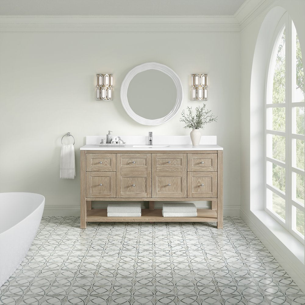 James Martin - Breckenridge 60" Single Vanity, Whitewashed Oak, w/ Single Hole 3 CM White Zeus Quartz Top & Backsplash - 330-V60S-WWO-1WZ view 3