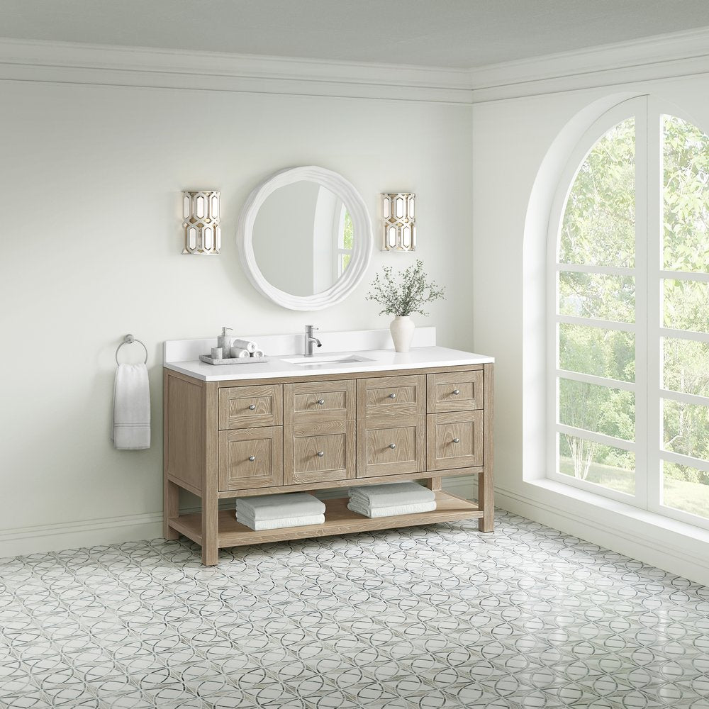 James Martin - Breckenridge 60" Single Vanity, Whitewashed Oak, w/ Single Hole 3 CM White Zeus Quartz Top & Backsplash - 330-V60S-WWO-1WZ view 4