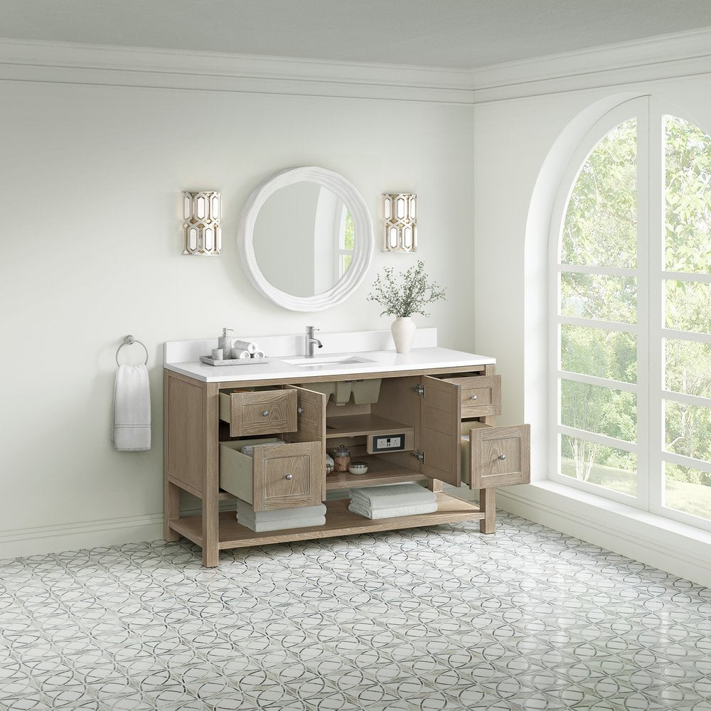 James Martin - Breckenridge 60" Single Vanity, Whitewashed Oak, w/ Single Hole 3 CM White Zeus Quartz Top & Backsplash - 330-V60S-WWO-1WZ view 5
