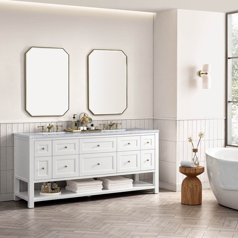 James Martin - Breckenridge 72" Double Vanity, Bright White w/ 3 CM Carrara Marble Top - 330-V72-BW-3CAR view 4