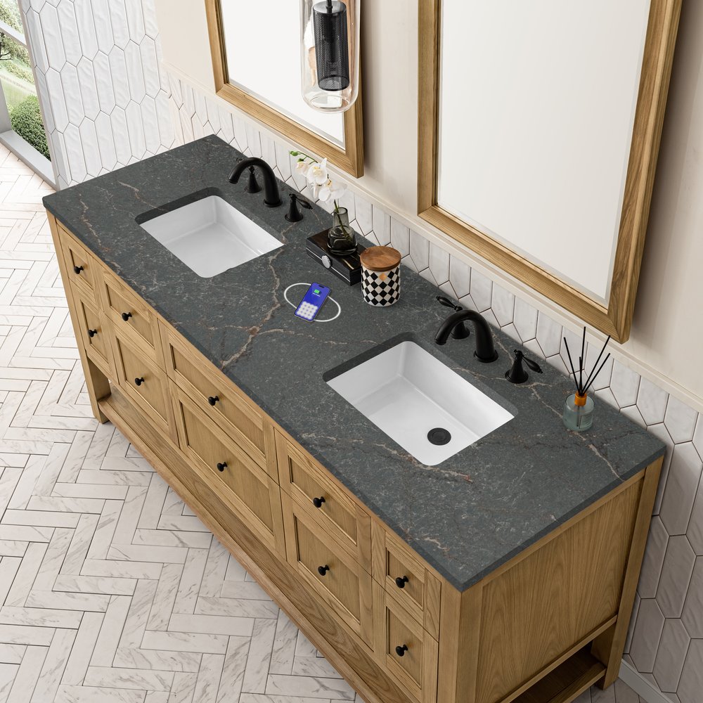 James Martin - Breckenridge 72" Double Vanity, Light Natural Oak w/ 3 CM Parisien Bleu Top w/FreePower Wireless Charger - 330-V72-LNO-FPBL view 8