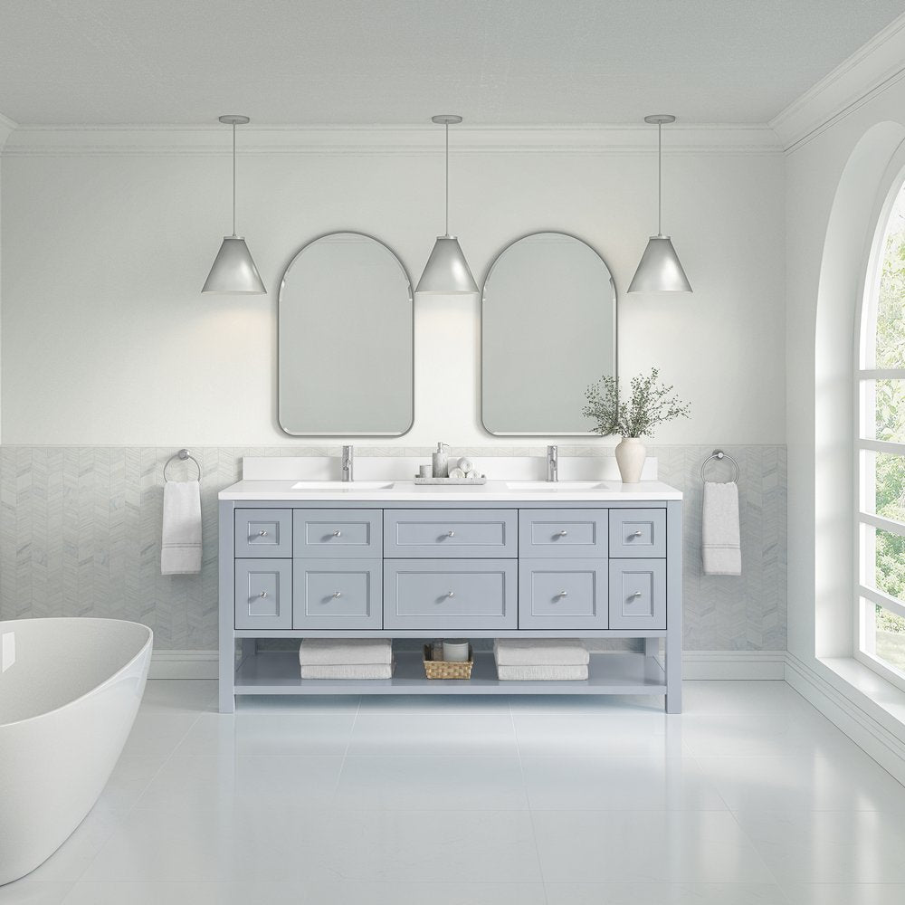 James Martin - Breckenridge 72" Double Vanity, Serenity Blue, w/ Double Hole 3 CM White Zeus Quartz Top & Backsplash - 330-V72-SRB-1WZ view 3