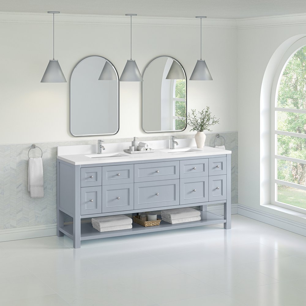 James Martin - Breckenridge 72" Double Vanity, Serenity Blue, w/ Double Hole 3 CM White Zeus Quartz Top & Backsplash - 330-V72-SRB-1WZ view 4