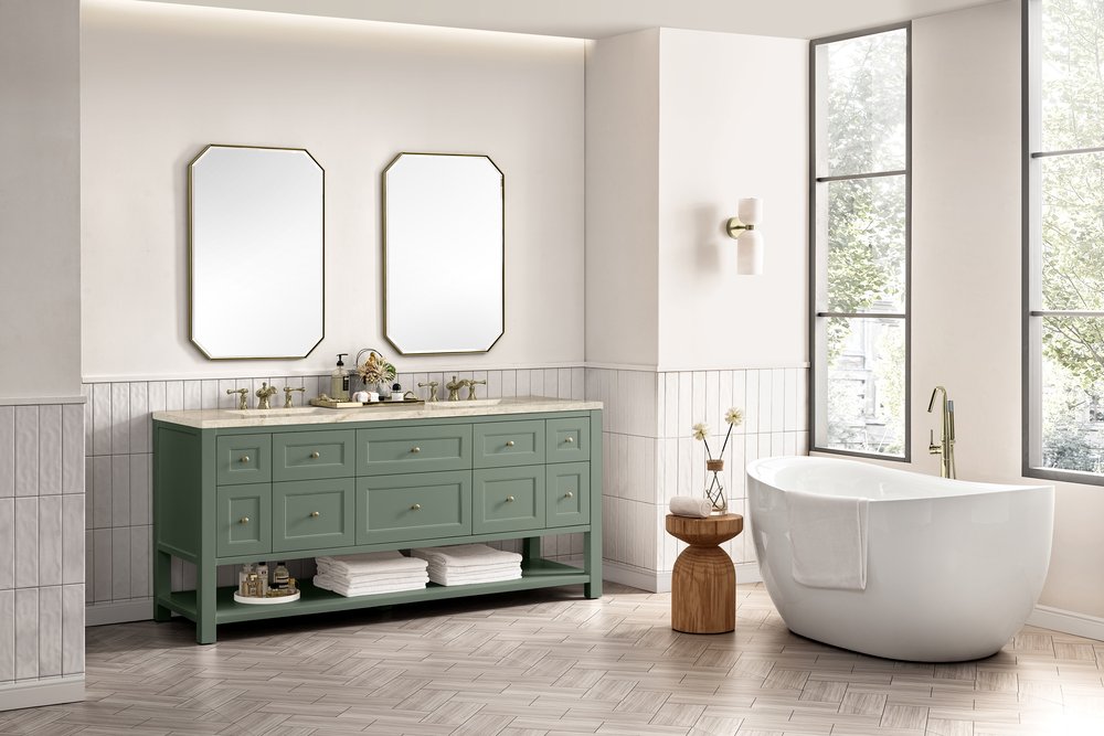 James Martin - Breckenridge 72" Double Vanity, Smokey Celadon, w/ 3 CM Tajnar Eclos Top w/FreePower Wireless Charger - 330-V72-SC-FTJR view 4