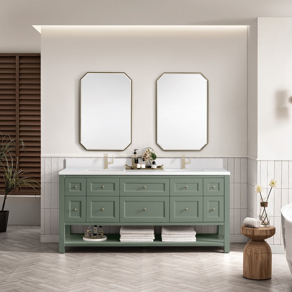 James Martin - Breckenridge 72" Double Vanity, Smokey Celadon w/ Single Hole 3 CM White Zeus Top & Backsplash - 330-V72-SC-1WZ view 3