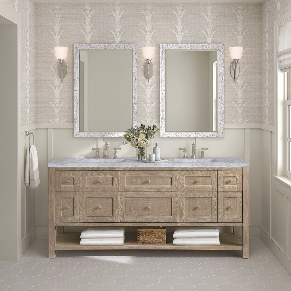 James Martin - Breckenridge 72" Double Vanity, Whitewashed Oak w/ 3 CM Carrara White Marble Top - 330-V72-WWO-3CAR view 3
