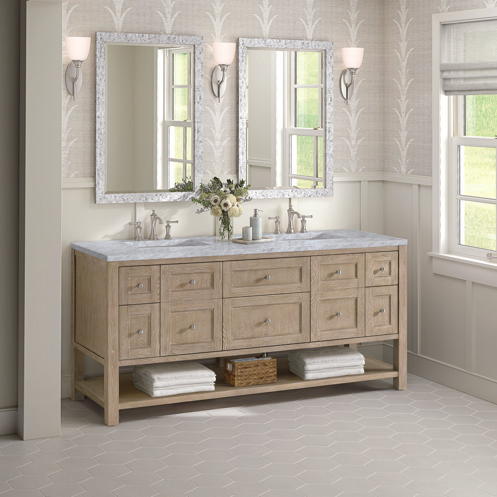 James Martin - Breckenridge 72" Double Vanity, Whitewashed Oak w/ 3 CM Carrara White Marble Top - 330-V72-WWO-3CAR view 4