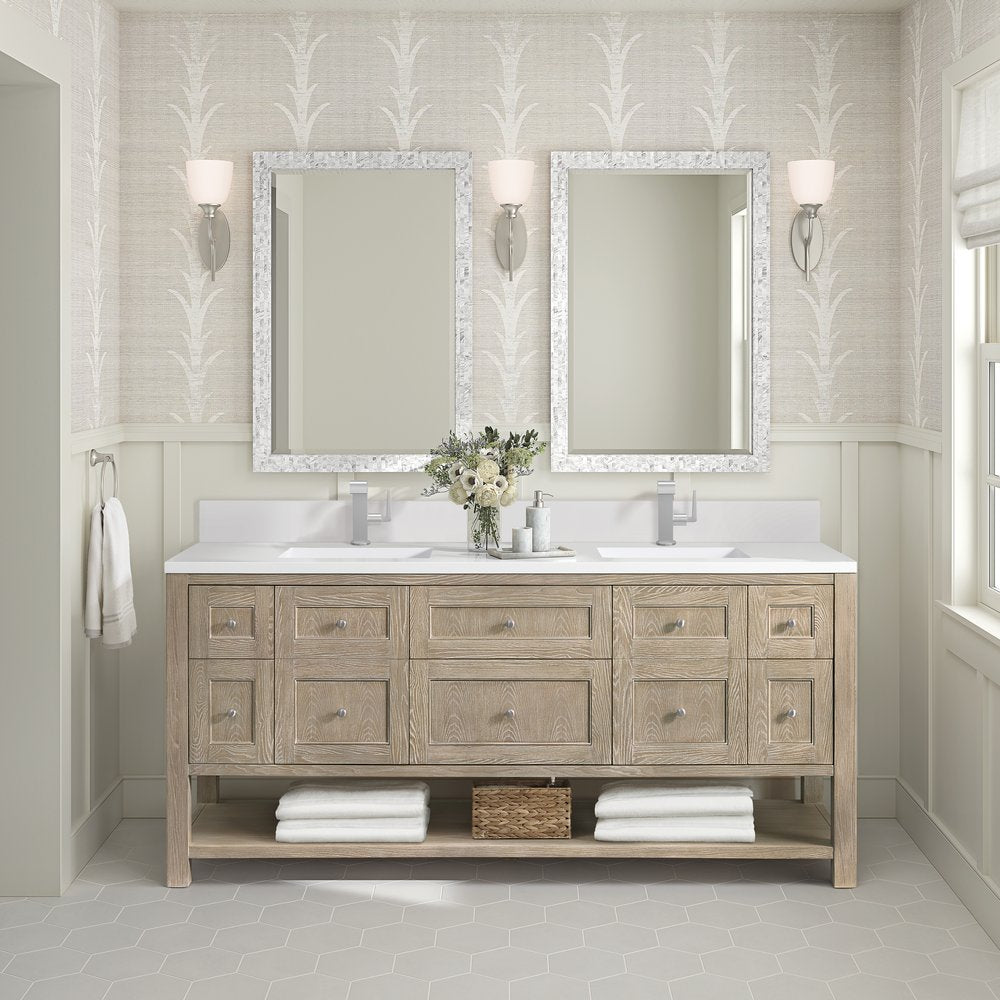 James Martin - Breckenridge 72" Double Vanity, Whitewashed Oak w/ Single Hole 3 CM White Zeus Silestone Top & Backsplash - 330-V72-WWO-1WZ view 3