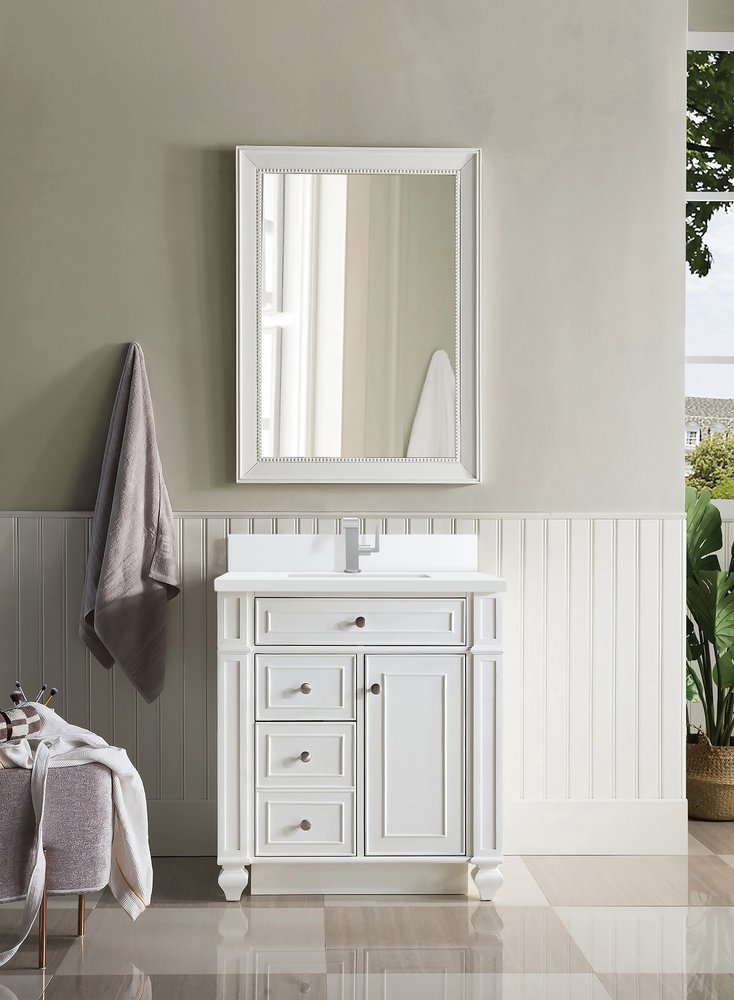 James Martin - Bristol 30" Single Vanity, Bright White w/ Single Hole 3 CM White Zeus Silestone Top & Backsplash - 157-V30-BW-1WZ view 2