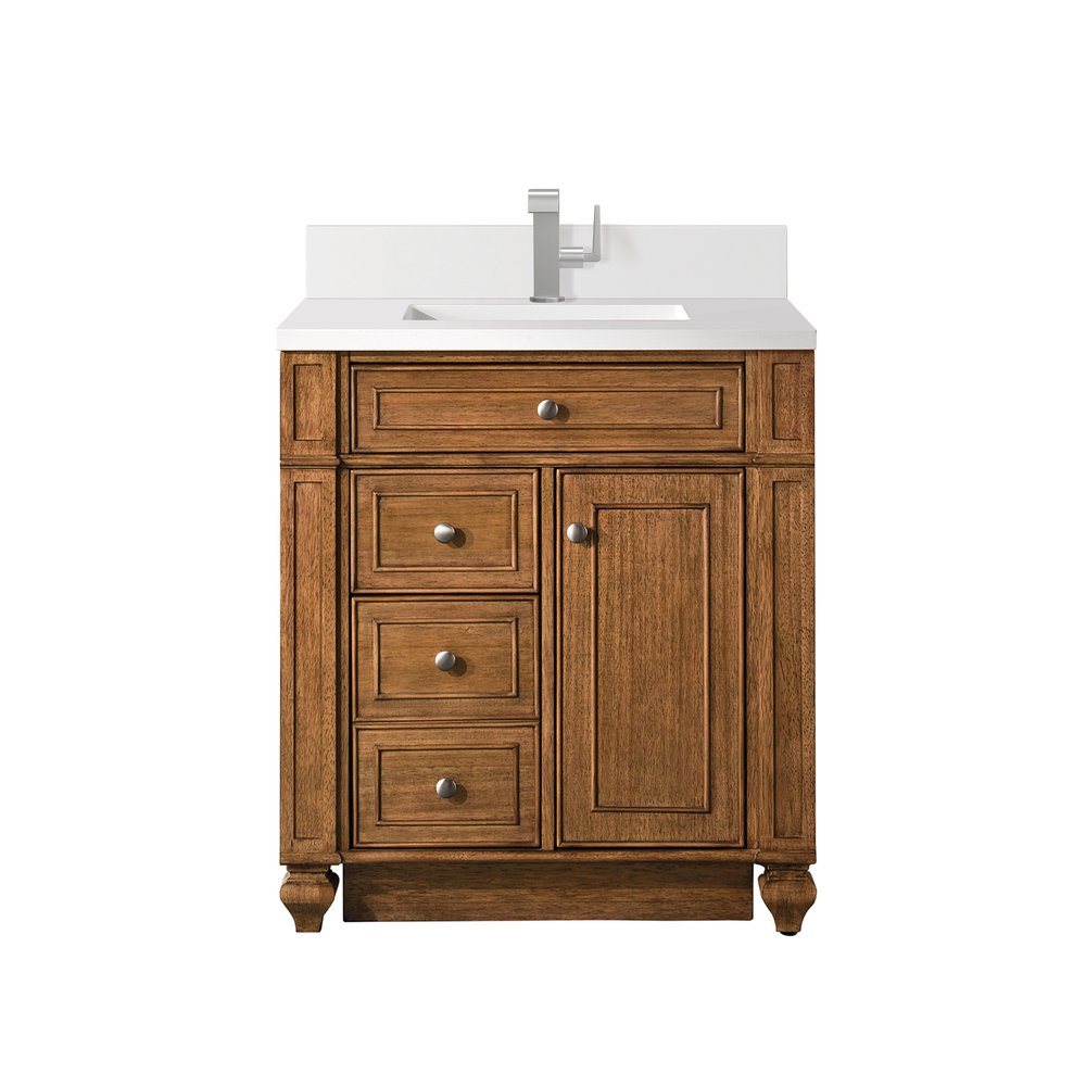 James Martin - Bristol 30" Single Vanity, Saddle Brown w/ Single Hole 3 CM White Zeus Silestone Top & Backsplash - 157-V30-SBR-1WZ view 1