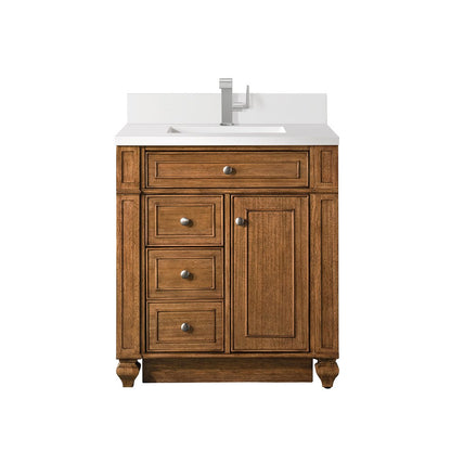 James Martin - Bristol 30" Single Vanity, Saddle Brown w/ Single Hole 3 CM White Zeus Silestone Top & Backsplash - 157-V30-SBR-1WZ view 1