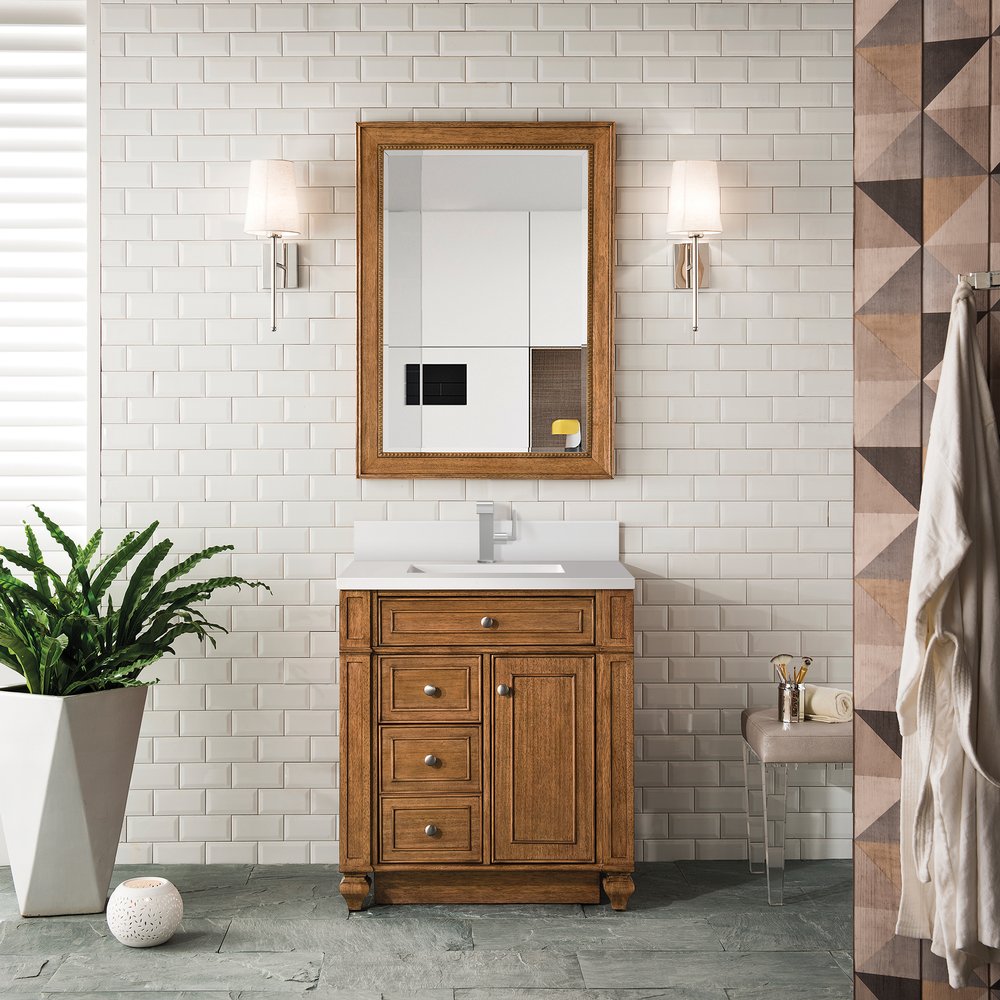 James Martin - Bristol 30" Single Vanity, Saddle Brown w/ Single Hole 3 CM White Zeus Silestone Top & Backsplash - 157-V30-SBR-1WZ view 2