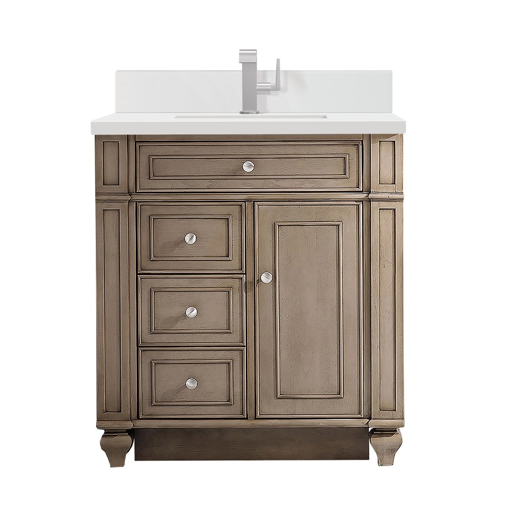 James Martin - Bristol 30" Single Vanity, Whitewashed Walnut w/ Single Hole 3 CM White Zeus Silestone Top & Backsplash - 157-V30-WW-1WZ view 1