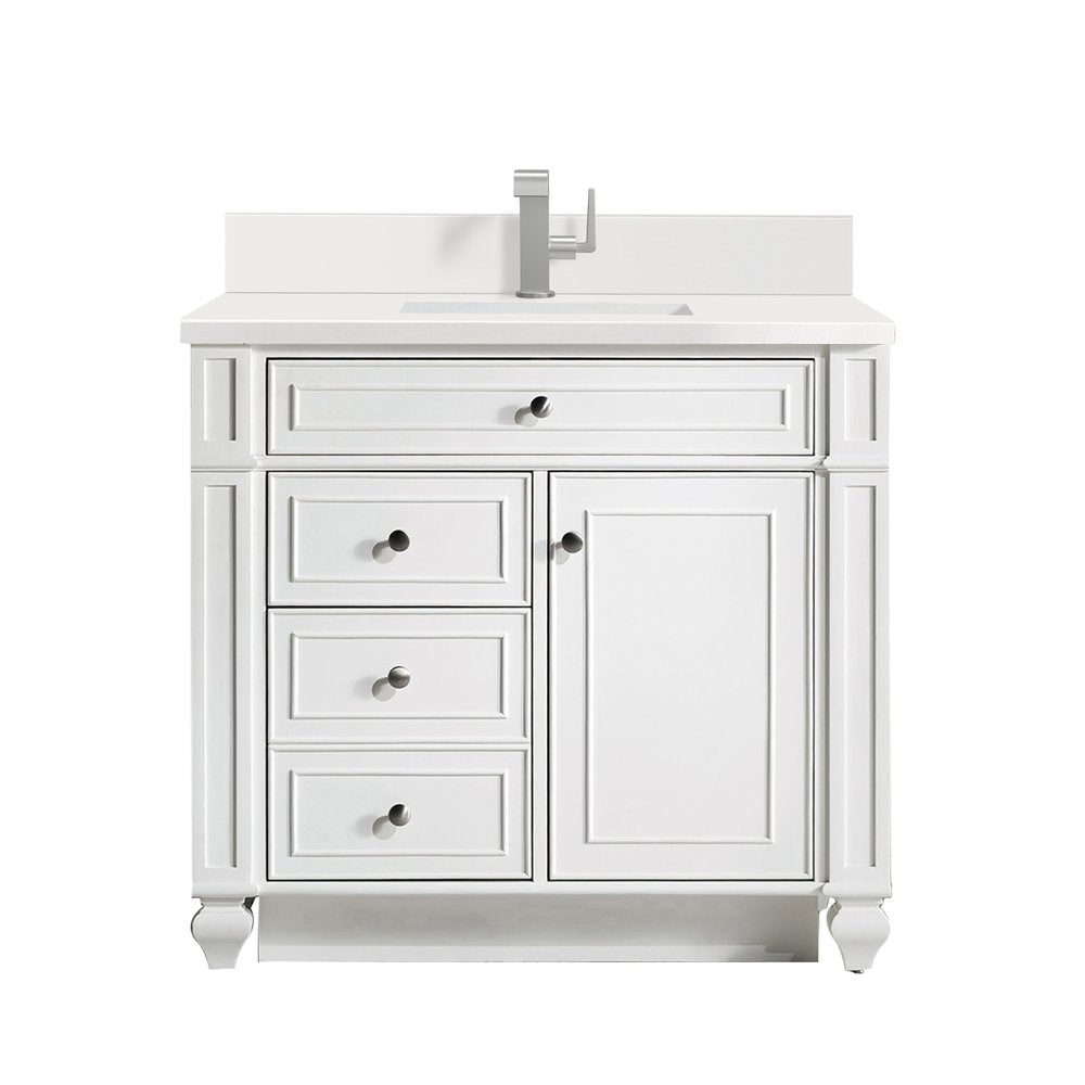 James Martin - Bristol 36" Single Vanity, Bright White w/ Single Hole 3 CM White Zeus Silestone Top & Backsplash - 157-V36-BW-1WZ view 1
