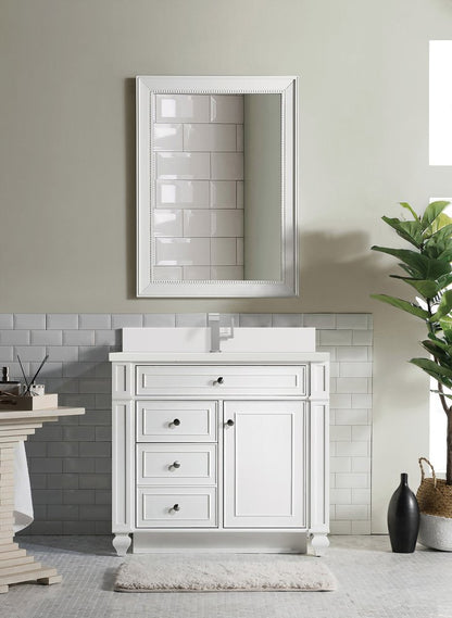 James Martin - Bristol 36" Single Vanity, Bright White w/ Single Hole 3 CM White Zeus Silestone Top & Backsplash - 157-V36-BW-1WZ view 2