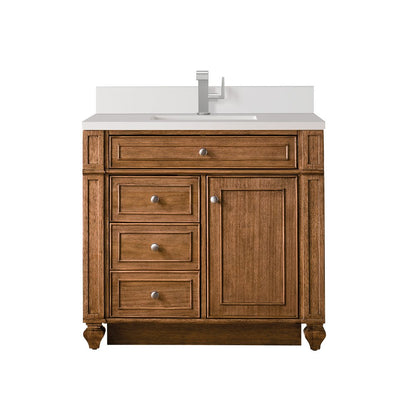 James Martin - Bristol 36" Single Vanity, Saddle Brown w/ Single Hole 3 CM White Zeus Silestone Top & Backsplash - 157-V36-SBR-1WZ view 1