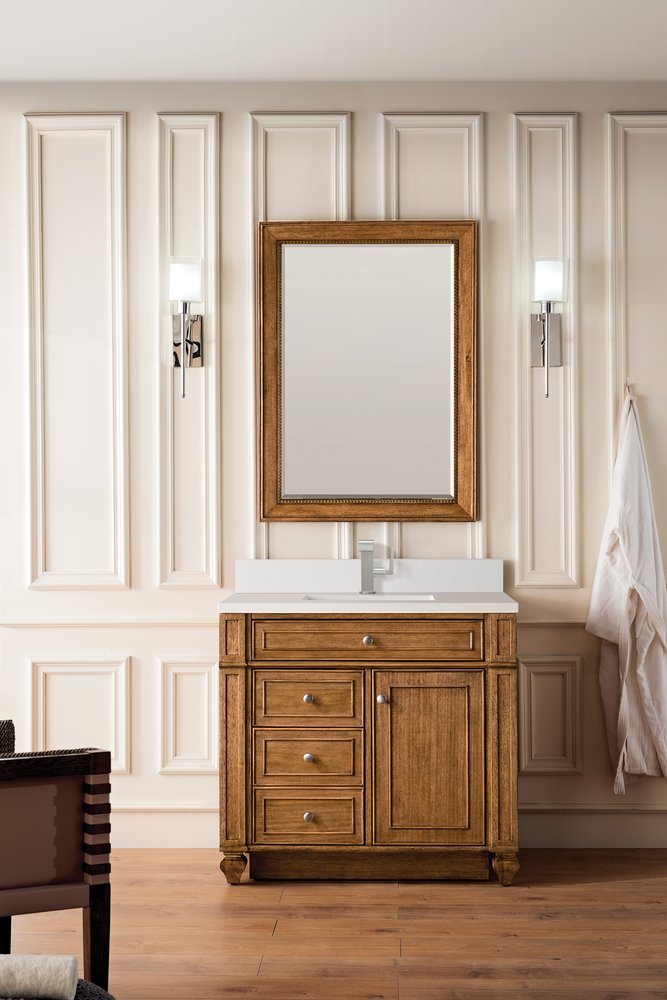 James Martin - Bristol 36" Single Vanity, Saddle Brown w/ Single Hole 3 CM White Zeus Silestone Top & Backsplash - 157-V36-SBR-1WZ view 2
