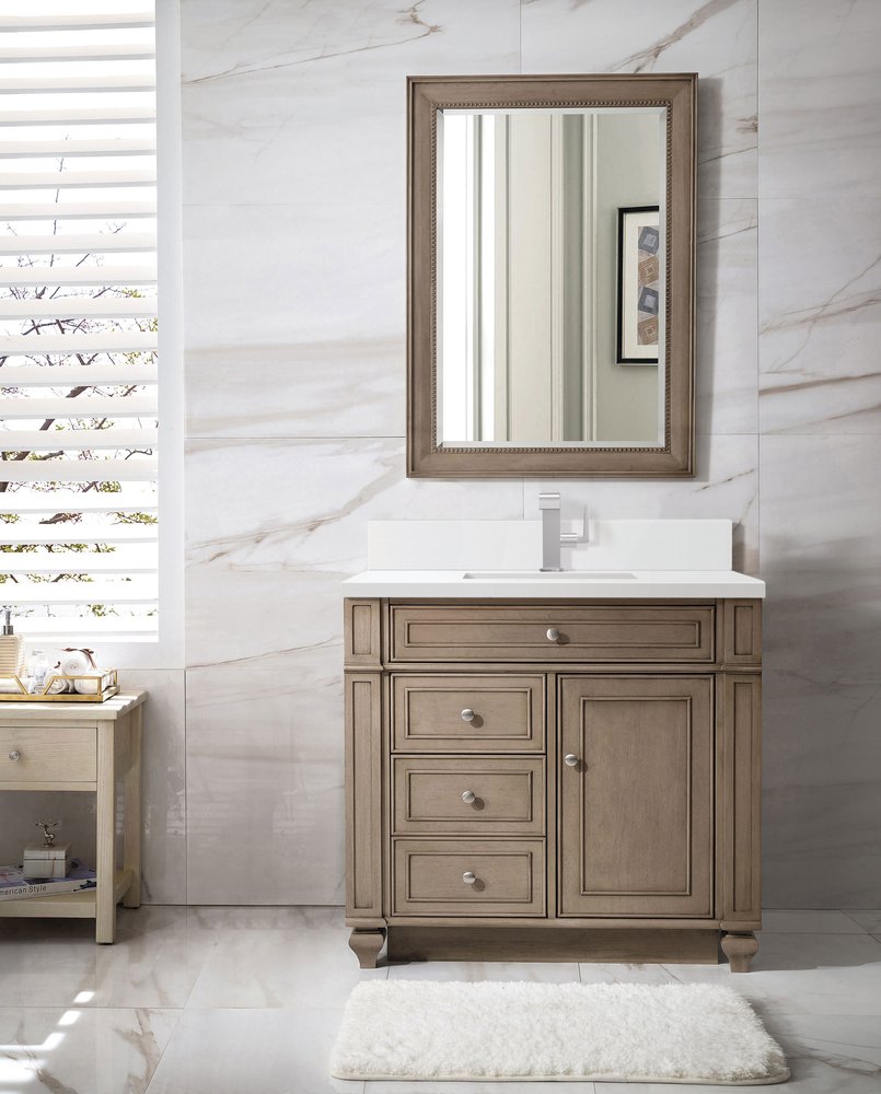 James Martin - Bristol 36" Single Vanity, Whitewashed Walnut w/ Single Hole 3 CM White Zeus Silestone Top & Backsplash - 157-V36-WW-1WZ view 2