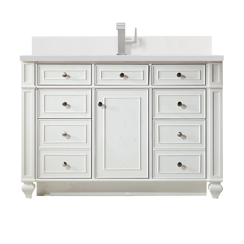 James Martin - Bristol 48" Single Vanity, Bright White w/ Single Hole 3 CM White Zeus Silestone Top & Backsplash - 157-V48-BW-1WZ view 1