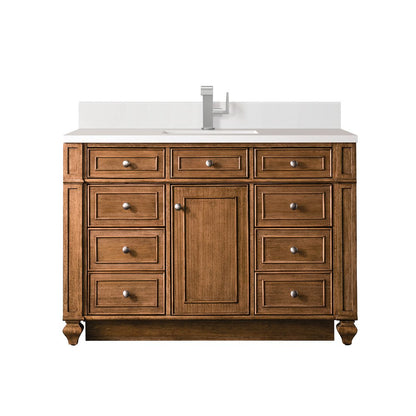 James Martin - Bristol 48" Single Vanity, Saddle Brown w/ Single Hole 3 CM White Zeus Silestone Top & Backsplash - 157-V48-SBR-1WZ view 1