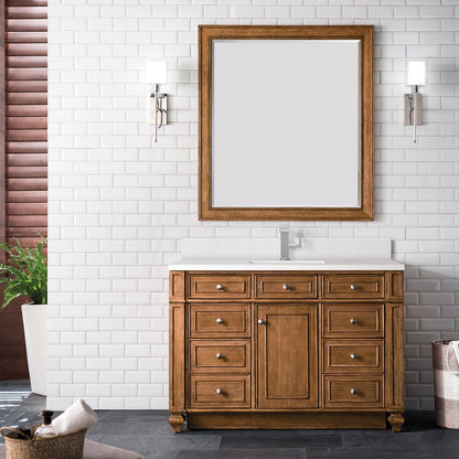 James Martin - Bristol 48" Single Vanity, Saddle Brown w/ Single Hole 3 CM White Zeus Silestone Top & Backsplash - 157-V48-SBR-1WZ view 2