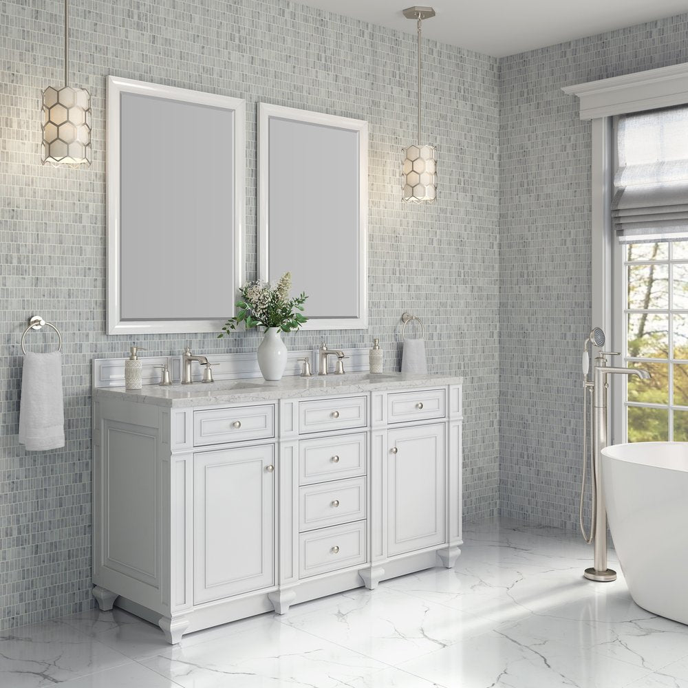 James Martin - Bristol 60" Double Vanity, Bright White w/ 3 CM Eternal Jasmine Pearl Silestone Top - 157-V60D-BW-3EJP view 3