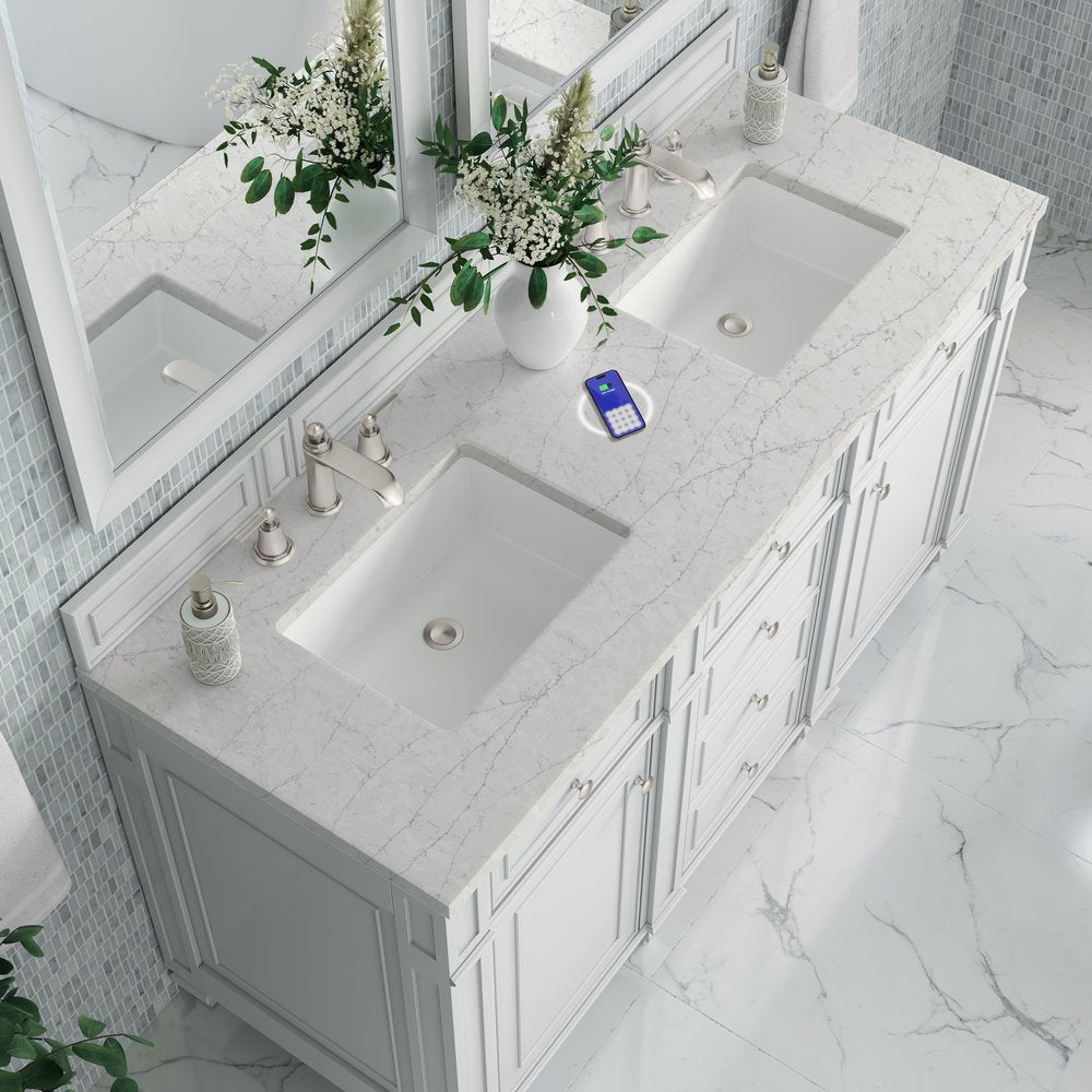 James Martin - Bristol 60" Double Vanity, Bright White w/ 3 CM Eternal Jasmine Pearl Silestone Top w/FreePower Wireless Charger - 157-V60D-BW-FEJP view 7