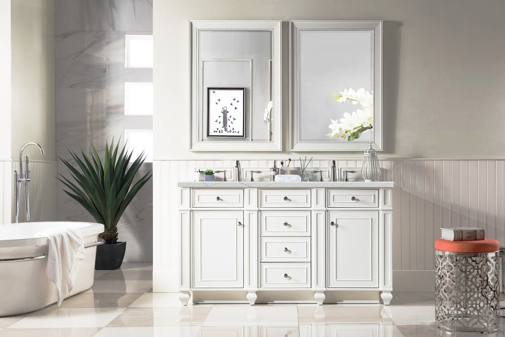 James Martin - Bristol 60" Double Vanity, Bright White w/ 3 CM Ethereal Noctis Silestone Top w/FreePower Wireless Charger - 157-V60D-BW-FENC view 3
