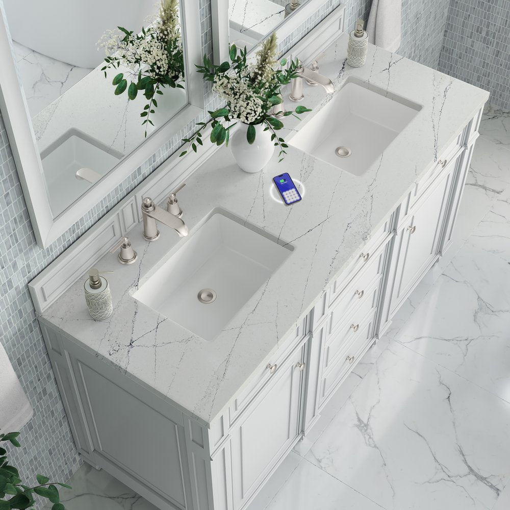 James Martin - Bristol 60" Double Vanity, Bright White w/ 3 CM Ethereal Noctis Silestone Top w/FreePower Wireless Charger - 157-V60D-BW-FENC view 7