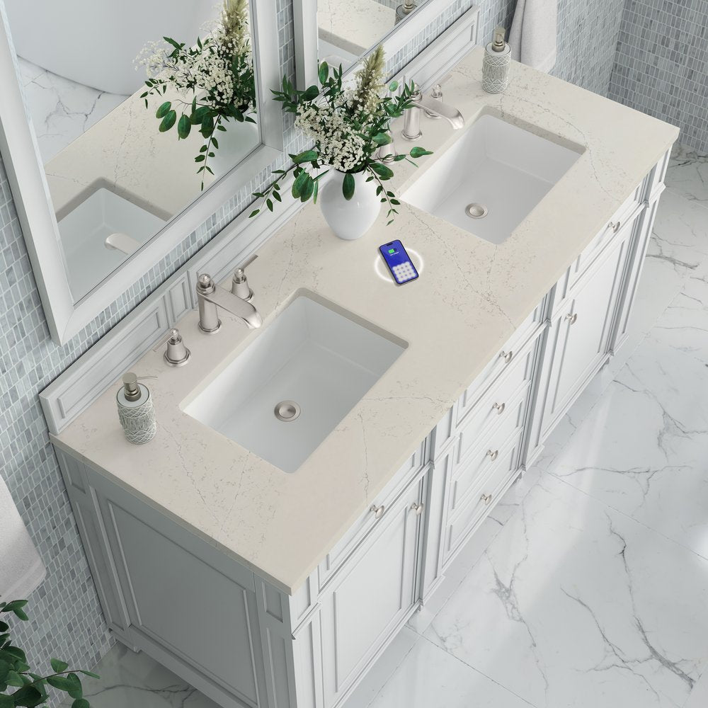James Martin - Bristol 60" Double Vanity, Bright White, w/ 3 CM Siberian Silestone Top w/FreePower Wireless Charger - 157-V60D-BW-FSFR view 6