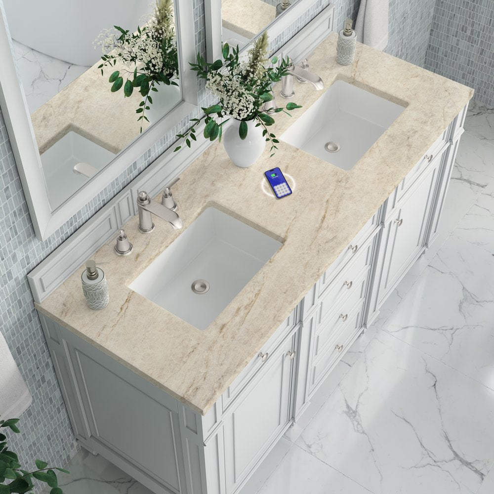 James Martin - Bristol 60" Double Vanity, Bright White, w/ 3 CM Tajnar Eclos Top w/FreePower Wireless Charger - 157-V60D-BW-FTJR view 6