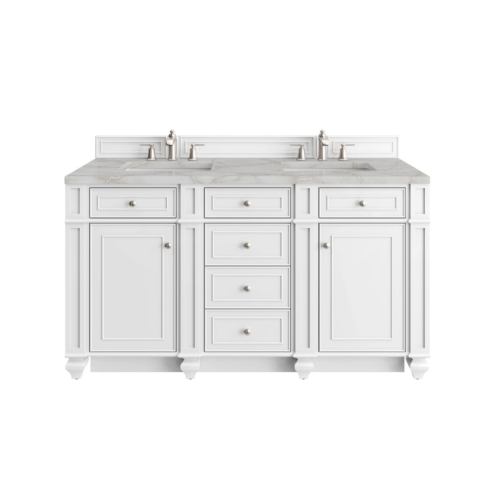James Martin - Bristol 60" Double Vanity, Bright White w/ 3 CM Victorian Silver Silestone Top - 157-V60D-BW-3VSL view 1