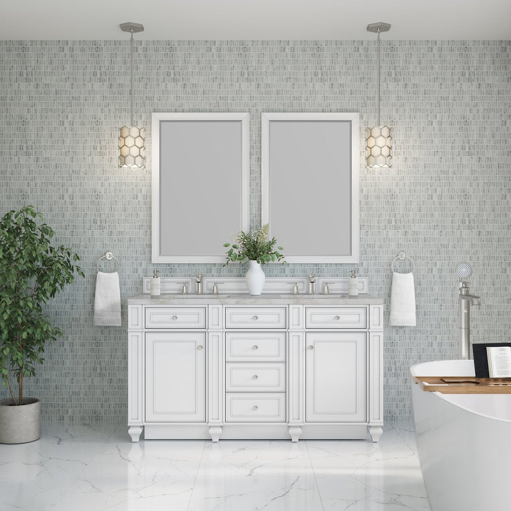 James Martin - Bristol 60" Double Vanity, Bright White w/ 3 CM Victorian Silver Silestone Top - 157-V60D-BW-3VSL view 2