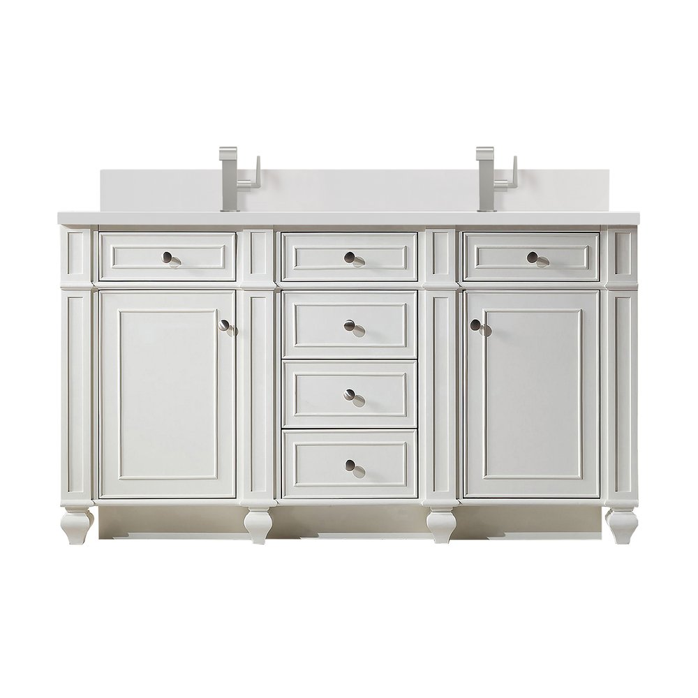 James Martin - Bristol 60" Double Vanity, Bright White w/ Single Hole 3 CM White Zeus Silestone Top & Backsplash - 157-V60D-BW-1WZ view 1
