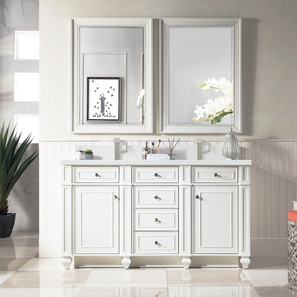 James Martin - Bristol 60" Double Vanity, Bright White w/ Single Hole 3 CM White Zeus Silestone Top & Backsplash - 157-V60D-BW-1WZ view 2