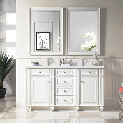 James Martin - Bristol 60" Double Vanity, Bright White w/ Single Hole 3 CM White Zeus Silestone Top & Backsplash - 157-V60D-BW-1WZ view 2