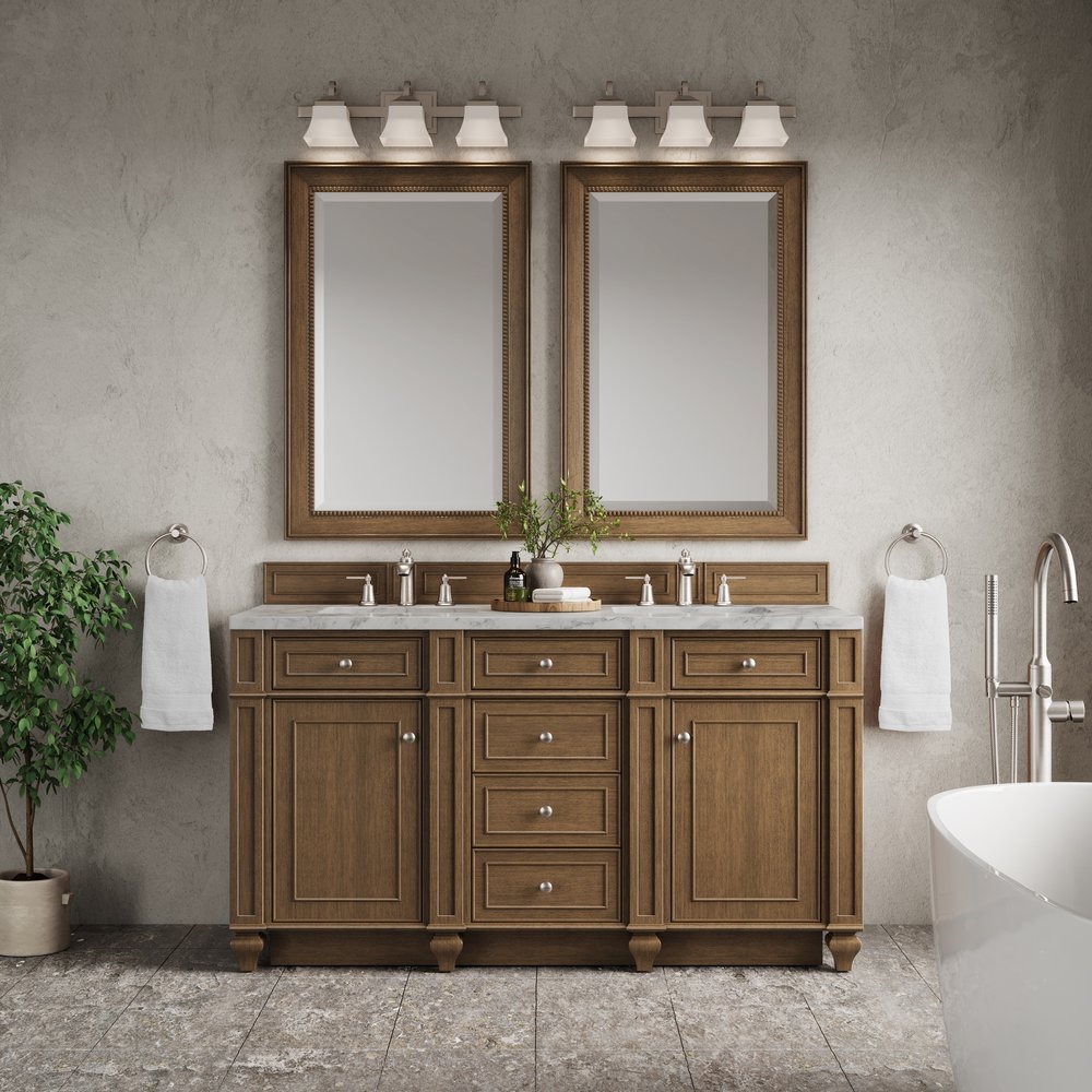 James Martin - Bristol 60" Double Vanity, Saddle Brown w/ 3 CM Carrara Marble Top - 157-V60D-SBR-3CAR view 2