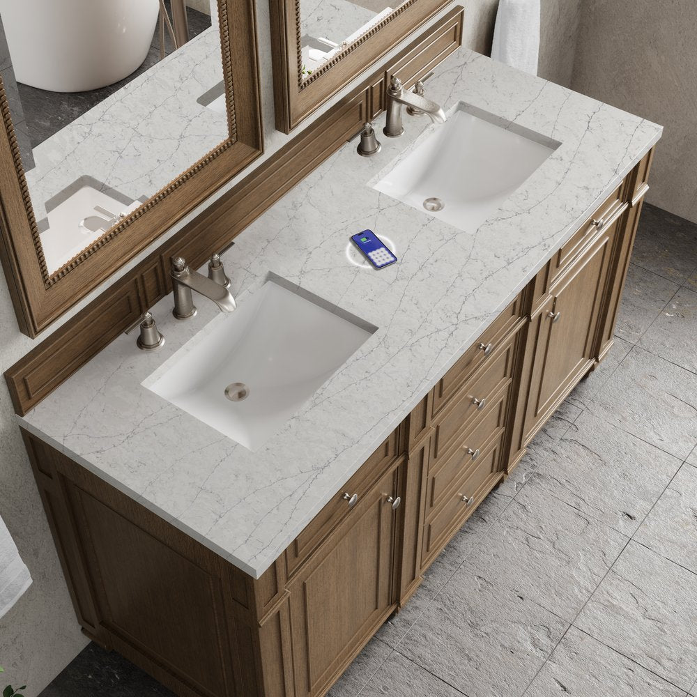 James Martin - Bristol 60" Double Vanity, Saddle Brown w/ 3 CM Eternal Jasmine Pearl Silestone Top w/FreePower Wireless Charger - 157-V60D-SBR-FEJP view 7